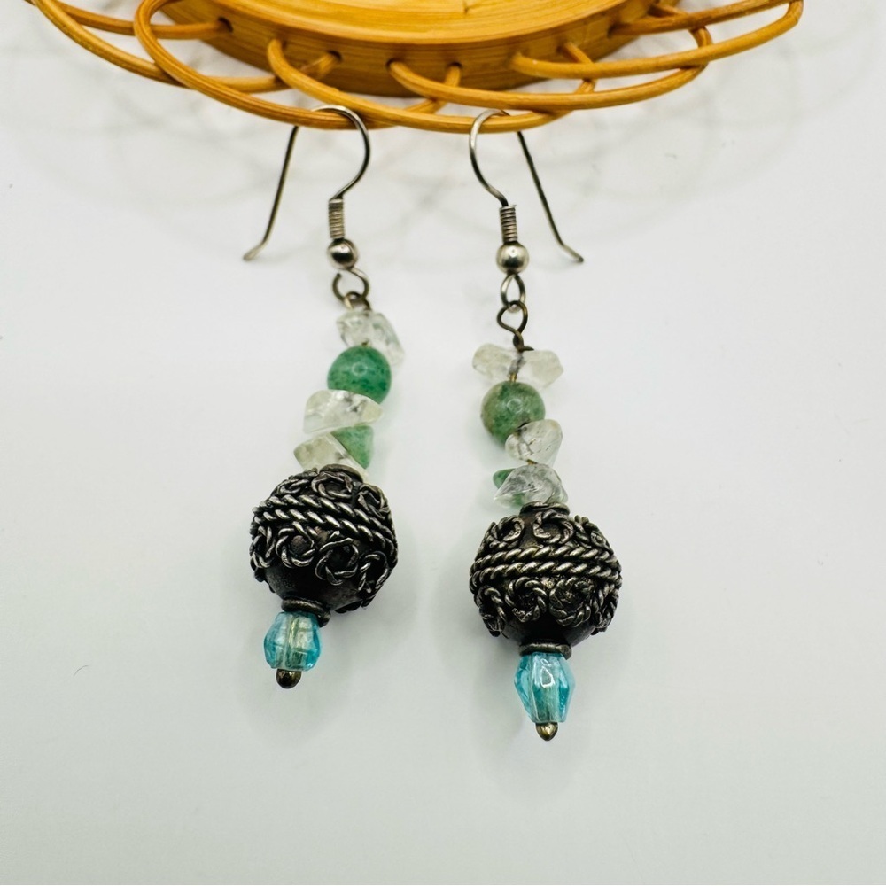 Green Stone & Quartz Dangle Earrings | Oxidized Silver Beads Artisan Boho Style